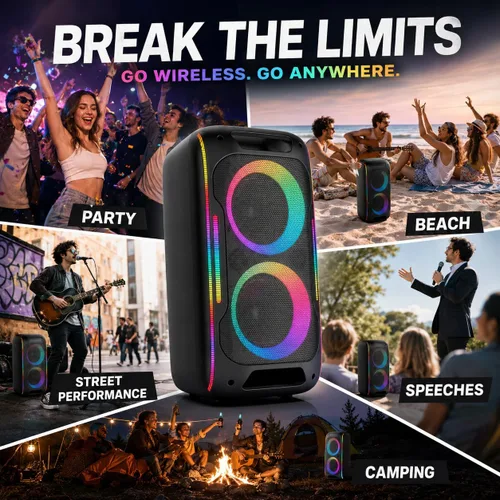 Vista 8 de Altavoz Bluetooth para fiestas, potente sonido estéreo de 180 W, graves profundos, altavoz inalámbrico portátil con modos de sonido EQ, luces LED