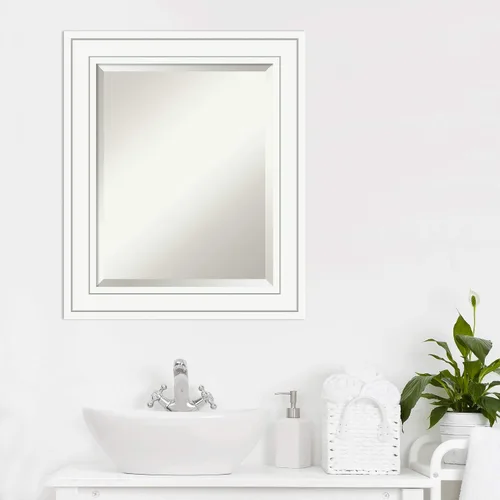 Vista 6 de Amanti Art - Espejo de baño blanco para sobre lavabo, espejo de tocador rectangular blanco de 25x21, marco de madera pequeño y casual, se cuelga