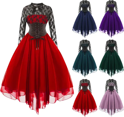 Vista 5 de Black Gothic Dress for Women, Womens Gothic Dress Long Sleeve with Corset Halter Sexy Lace Punk Hippie Dresses