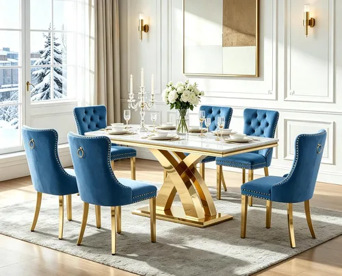 Vista 18 de Henf Mesa de comedor de mármol sintético de 68 pulgadas para 4-6 personas, mesa rectangular moderna con parte superior de mármol blanco y base