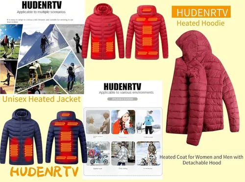 Vista 6 de HUDENRTV Unisex Heated Hoodie,Heated Jacket 9 Heating Zones Heated Coat Detachable Hood,Heated Coat with 3 Heating Levels