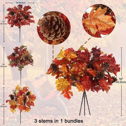 Vista 5 de GnFlus 3 ramas de hojas de roble artificiales de 16 pulgadas, tallos de hojas de otoño falsas con bellotas piñas para interiores y hogar, Halloween