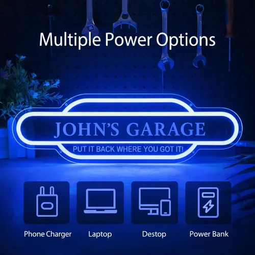 Vista 2 de Letrero de neón de garaje azul personalizado con calcomanías, letrero de luz LED de acrílico personalizado hecho a mano, letrero de neón LED