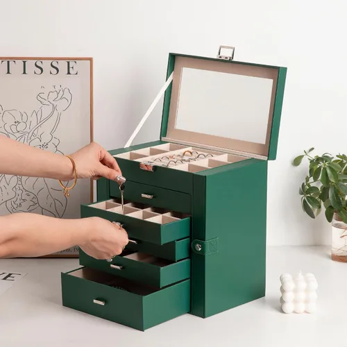 Vista 3 de Frebeauty Joyero grande, organizador de joyas de piel sintética de 6 niveles con cerradura, estuche de almacenamiento multifuncional con espejo