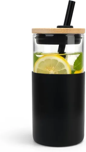 Vista 15 de Tronco Vaso de vidrio de 28 onzas con tapas y pajilla, taza reutilizable para café helado y vaso para batidos con tapa de bambú, funda de silicona