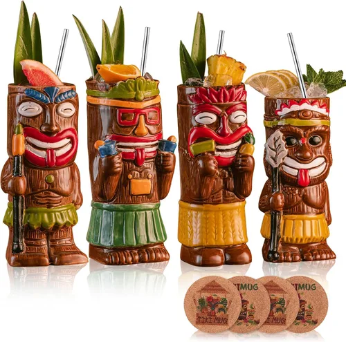Vista 7 de Juego de tazas Tiki para cóctel, set de 2 - Tazas Tiki de cerámica, lindas tazas exóticas para cóctel, para fiesta hawaiana y bar Tiki