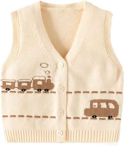 Vista 6 de Chaleco de suéter unisex para bebé con cuello en V y mangas sin costuras de algodón suave Cárdigan Oso Albaricoque