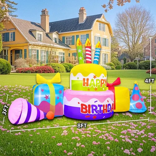 Vista 5 de Decoración inflable de pastel de cumpleaños feliz de 8 pies con velas, decoraciones inflables para patio exterior, luces LED integradas para fiestas
