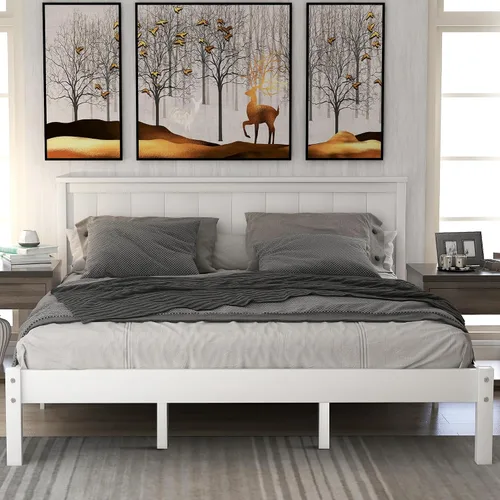 Vista 13 de Harper & Bright Designs Base de cama de plataforma de tamaño Queen con cabecero, cama Queen de madera con soporte de listones de madera, marco