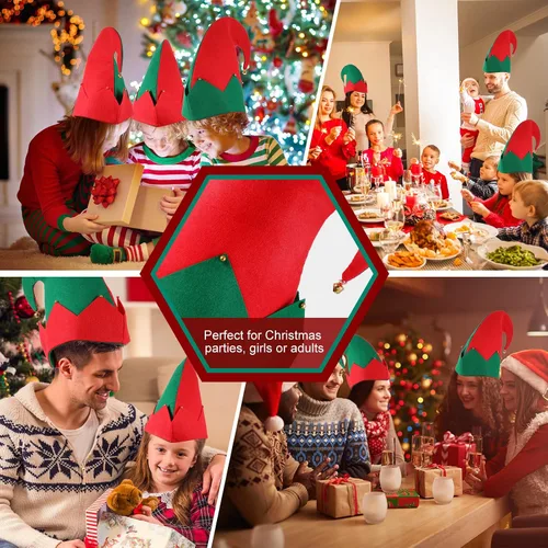 Vista 7 de Yaomiao 12 sombreros de fieltro de elfo de Navidad, sombreros de elfo verde y rojo a granel con campana, sombrero de Papá Noel para fiestas