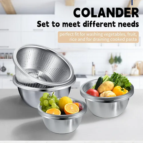 Vista 3 de Colador de acero inoxidable 304 de 3 cuartos con tazones para mezclar, colador para alimentos de cocina para lavar verduras, frutas, arroz, apto