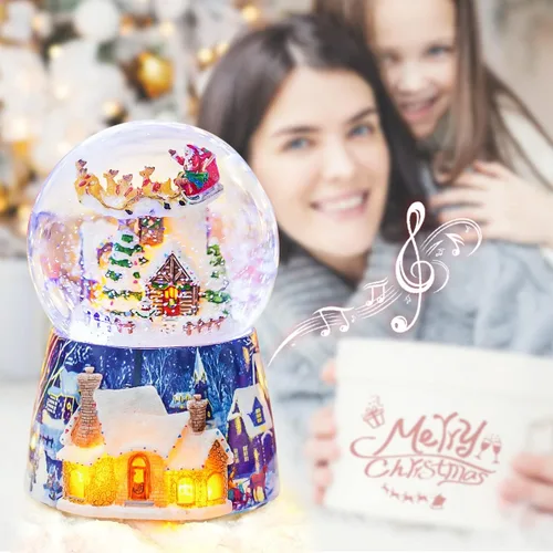 Vista 2 de Caja de música de Navidad, regalo de globo de nieve, Papá Noel giratorio musical volando sobre la aldea con purpurina, regalo para niñas, esposa