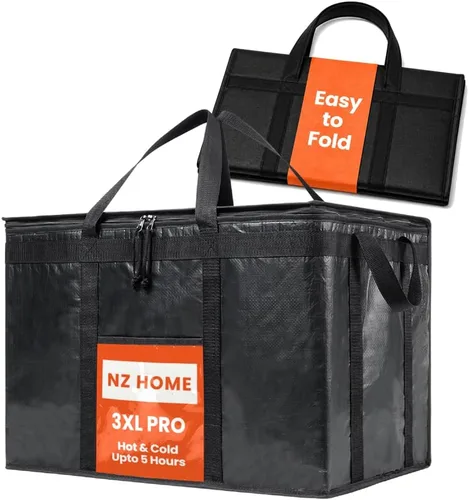 Vista 28 de Bolsa térmica XXL aislada y calentador de alimentos para entrega y compras de comestibles con parte superior con cremallera, color negro