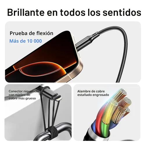 Vista 4 de Cable de carga múltiple, paquete de 2 cables de carga multiteléfono de 4 pies, trenzado, universal, 3 en 1, cable de carga extra largo múltiple USB