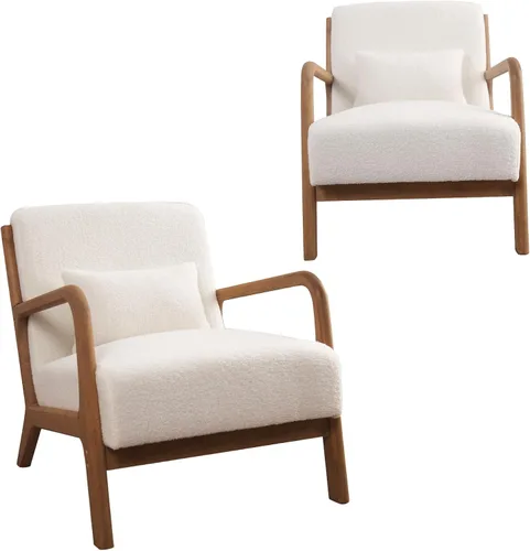 Vista 14 de INZOY Silla con acento moderno de mediados de siglo con marco de madera, sillas tapizadas para sala de estar con cojín lumbar, silla de lectura