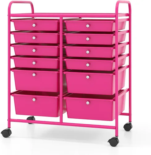 Vista 16 de COSTWAY Carrito de almacenamiento rodante con 4 cajones, carrito de almacenamiento de plástico y organizador con 4 cajones extraíbles, carrito
