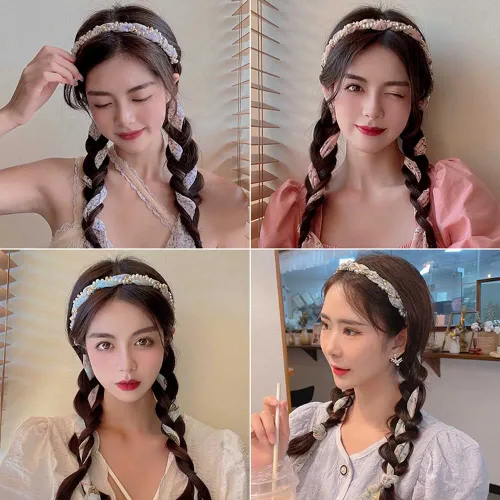 Vista 2 de 2 bandas de pelo retro de satén, bandas cruzadas anudadas para niñas y mujeres bohemias, accesorios de clip de tela antideslizante