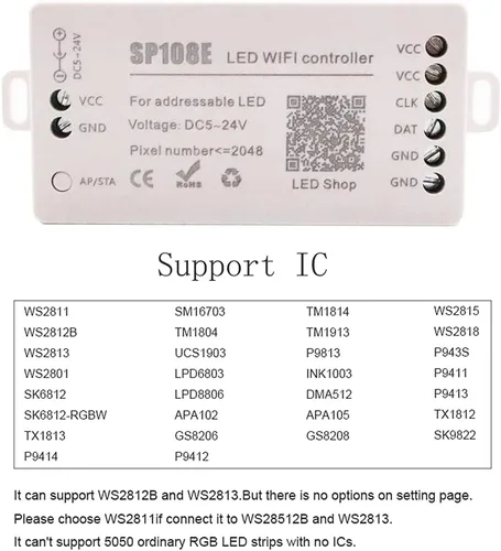 Vista 4 de Controlador WiFi WS2811 WS2812B SP108E Tira LED WS2813 WS2815 SK6812 Etc Módulo LED Luz Aplicación Inteligente Control Inalámbrico DC5-24V