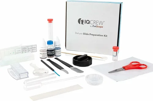 Vista 8 de Kit de preparación de portaobjetos de microscopio AmScope - Incluye diapositivas de microscopio en blanco, polvos de colorante rojo eosina y azul