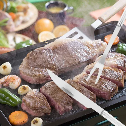 Vista 2 de Juego de herramientas para barbacoa, 9 unids/set de herramientas de parrilla, tenedor de cuchillo de barbacoa de acero inoxidable, cepillo de pala