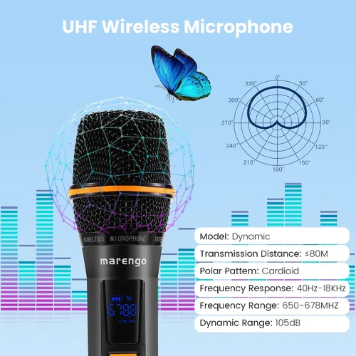 Vista 3 de Micrófonos inalámbricos, micrófono profesional UHF de metal dual para karaoke inalámbrico con receptor recargable (260 pies), conectar y usar