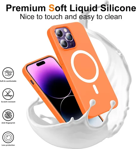 Vista 6 de Funda magnética de silicona líquida para iPhone 14 Pro, compatible con Magsafe, 2 protectores de pantalla de vidrio + protector de cámara, delgada