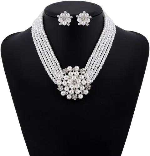 Vista 3 de Conjunto de joyería de gargantilla exagerada y elegante de múltiples capas con perlas de imitación + aretes, collar de novia, accesorios