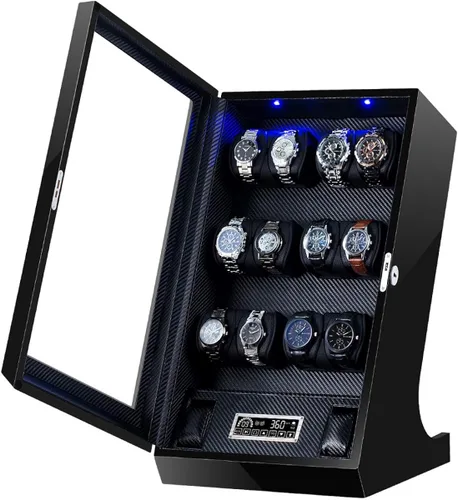 Vista 2 de TEEMING Caja de almacenamiento automática para 12 bobinadoras de relojes + 2 vitrinas de relojes, funda giratoria para relojes, motor silencioso