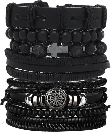 Vista 9 de Pulsera de cuero punk para hombre, 8-10 piezas, trenzada, cuentas de madera, calavera, metal, pulsera de cuero