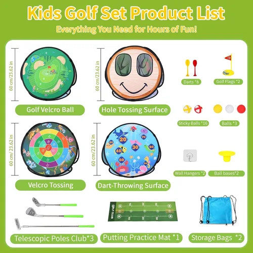 Vista 4 de AOSITE Juego de golf para niños pequeños, juego de golf 5 en 1 para niños con 3 palos de golf, tapete de puting, red de astillado de 4 lados