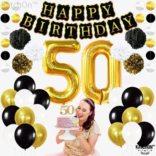Vista 7 de KatchOn, Juego de decoración de feliz cumpleaños número 50, paquete de 48, globos dorados del número 50 de 40 pulgadas, pancarta de feliz cumpleaños