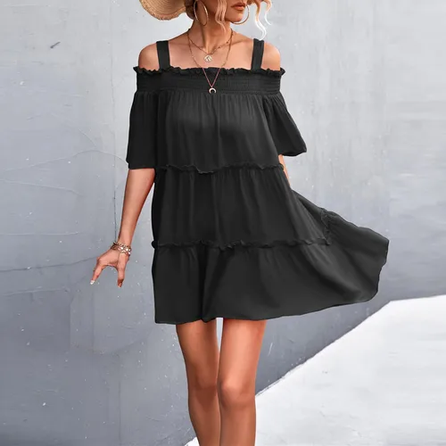 Vista 6 de BONIXOOM Vestido casual de vacaciones para mujer, de verano, con un hombro, con volantes, suelto, minivestido liso, lindo vestido de playa
