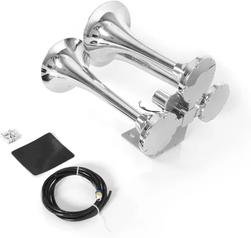 Vista 4 de Bocina de tren para camión, 12V/24V, grandes bocinas de aire cromadas de 150 dB, 3 trompetas, bocina fuerte para camión, coche, tren y barco
