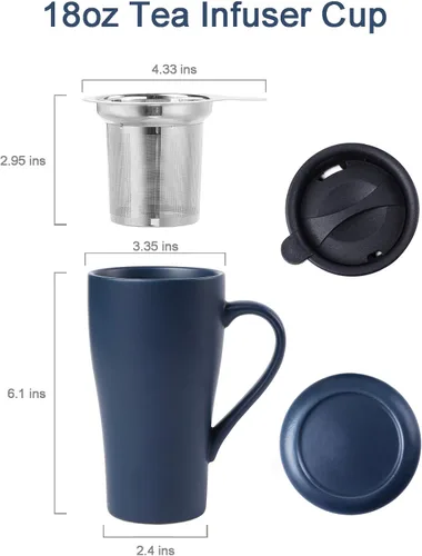 Vista 4 de Taza de té con infusor y 2 tapas, taza infusor de té grande de 18 onzas, taza coladora de té para hojas sueltas, taza de viaje con soporte para Azul