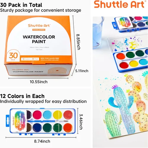 Vista 8 de Shuttle Art Juego de 30 pinturas de acuarela a granel, juego de pintura de acuarela de 12 colores a granel con pinceles para niños y adultos