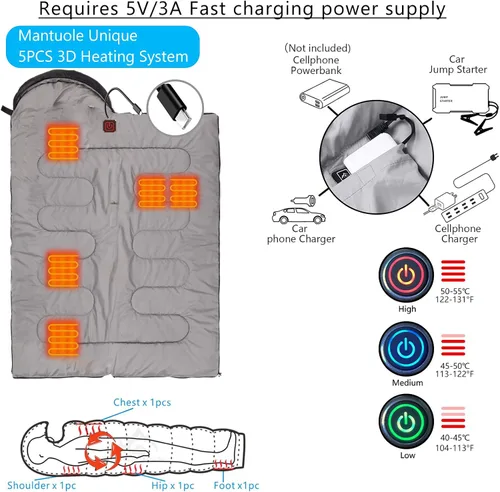 Vista 2 de Saco de dormir rectangular con calefacción, estilo sobre, 5 unidades de almohadillas de calefacción multiUSB, funciona con batería externa u otras