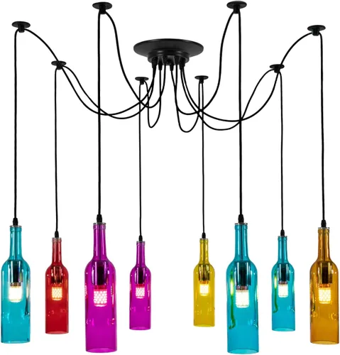 Vista 10 de Lámpara de techo industrial retro creativa con 5 luces para botella de vidrio, iluminación colgante de botella de vino de colores para cafetería