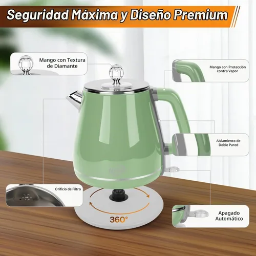 Vista 2 de Hervidor eléctrico de 1.8L, hervidor de té con hervir rápido 1350W Verde