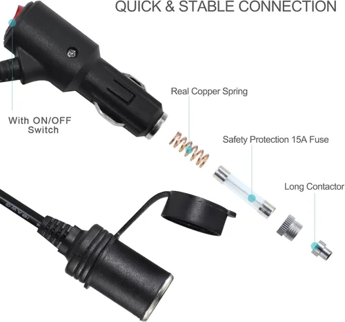 Vista 4 de Cable de extensión de encendedor de cigarrillos CC de 10 pies y 12 voltios con interruptor de encendido y apagado, cable de extensión de carga