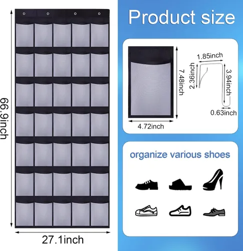 Vista 2 de Organizador de Zapatos para Puerta con 35 Bolsillos Grandes, Organizador de Zapatos con Bolsillos de Malla, Capacidad para Colgar Zapatos