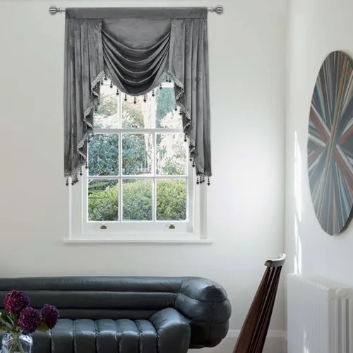 Vista 8 de Cenefa de terciopelo negro para sala de estar, cenefas de cascada de lujo para ventanas, cenefa de cuentas con borlas para cocina, cenefa