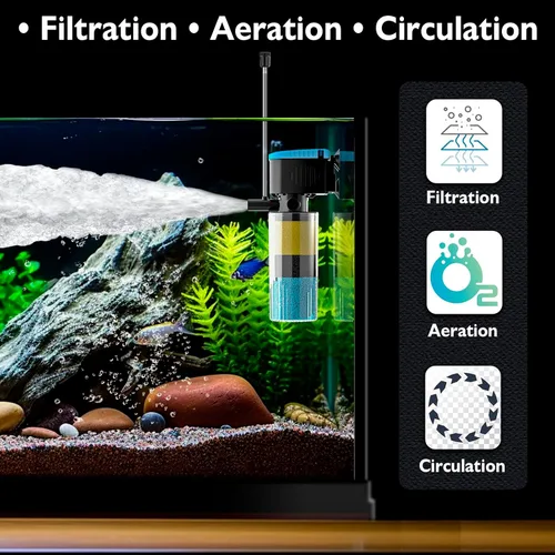 Vista 2 de AquaMiracle Filtro sumergible para acuario de 3 etapas en tanque con doble salida de agua y aireación, filtro interno de tanque de peces de 130 GPH