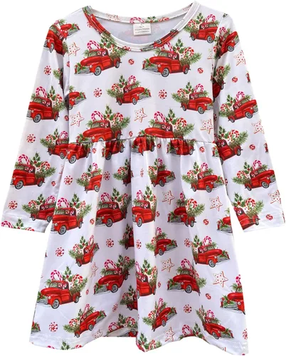 Vista 9 de Vestido de Navidad para niña pequeña, muñeco de nieve, árboles de Navidad, camión, a cuadros, reno, Papá Noel, vestido de invierno hasta la rodilla