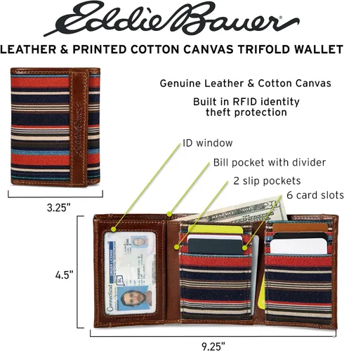 Vista 8 de Eddie Bauer Men's Fabric Trifold Wallet Money Clip RFID Protection ID Window Genuine Leather EDC