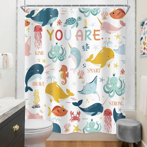 Vista 4 de Riyidecor Ocean - Cortina de ducha para niños, 60 pulgadas de ancho x 72 pulgadas de alto, diseño de ballena, dibujos animados, animales, delfín