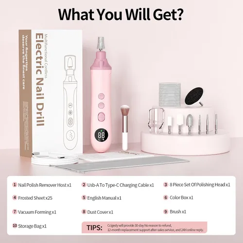Vista 8 de Ccigedy Taladro eléctrico de uñas, lijadora profesional inalámbrica con pantalla LCD y lámpara, amoladora de uñas recargable para mujeres, kit