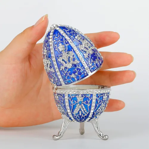 Vista 5 de Huevo de Faberge azul con más de 600 mini cristales de diamantes de imitación esmaltados de Faberge, cajas de joyería decorativas con bisagras