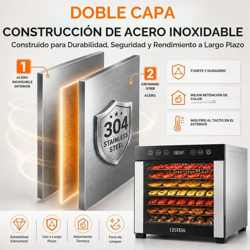 Vista 5 de OSTBA Deshidratador de alimentos con 8 bandejas, secadora de 650 W