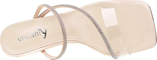 Vista 6 de vivianly Sandalias de tacón con tiras transparentes con diamantes de imitación para mujer, con puntera cuadrada, tacones altos, deslizantes, vestido