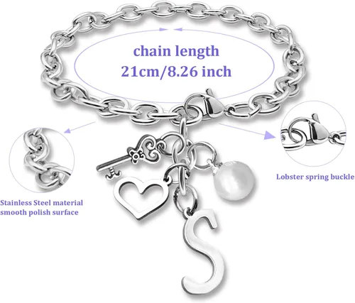 Vista 2 de Pulseras con inicial de la A a la Z, regalo para mujeres y niñas, pulsera de cadena de acero inoxidable con 26 letras del alfabeto, regalos